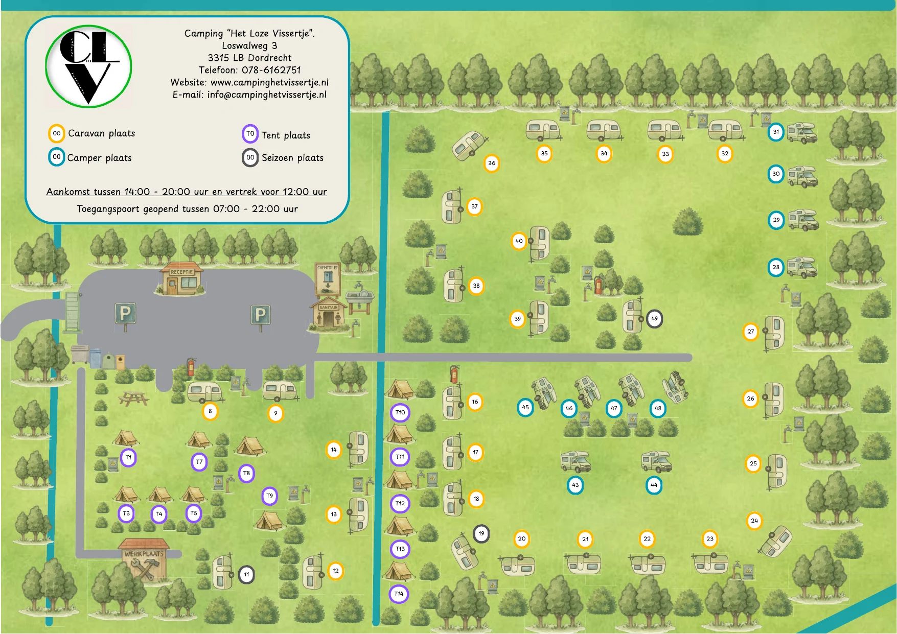 Plan du Camping Het Loze Vissertje avec emplacements numérotés et équipements